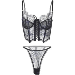 Women’s Floral V-Neck Corset Top & Panty Lingerie Set–Black/Purple–Size M–NWT